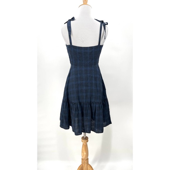 CREATURES OF COMFORT Dress Womens 0 Blue Plaid Linen Button Front Tie Shoulder - Picture 4 of 16